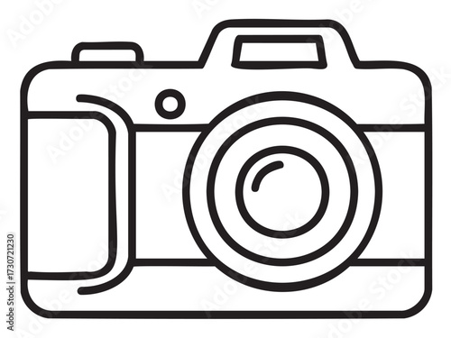 Monochrome outline of a digital camera with lens and buttons - stock vector