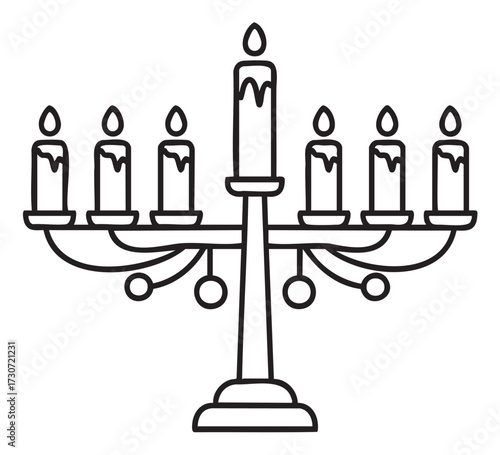 Line art of seven-branched candelabrum with lit candles and decorative base - stock vector