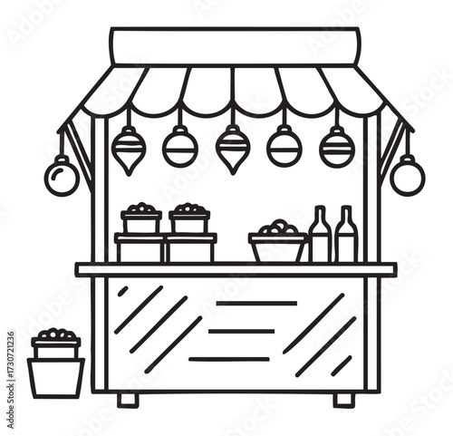 Cartoon market stall with decorated awning and food display - stock vector
