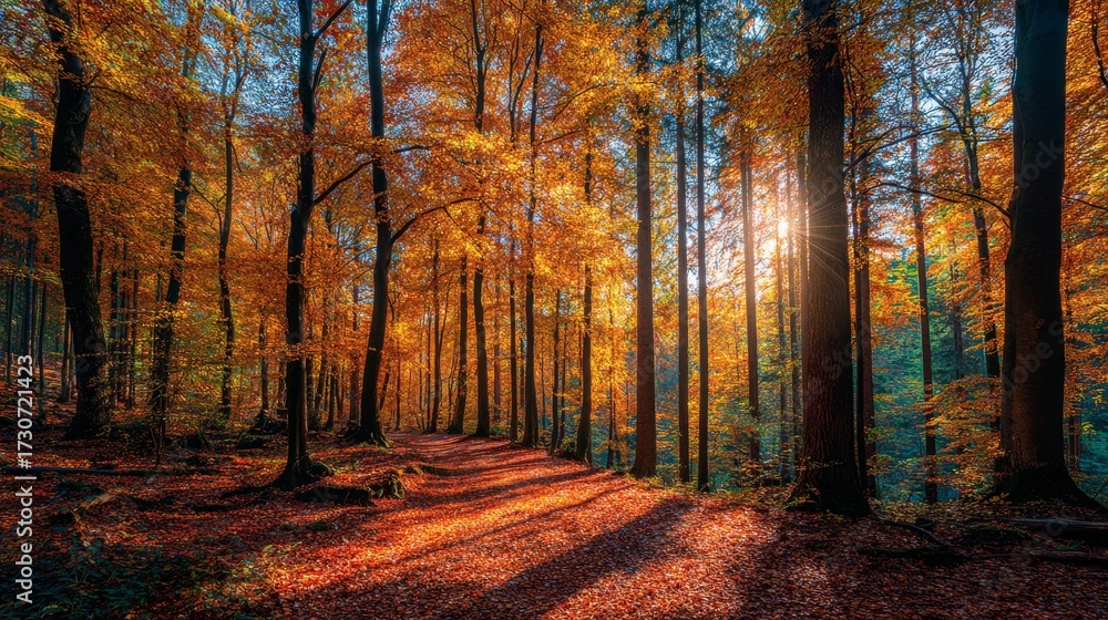 Fototapeta premium Autumn forest with colorful fall leaves and amber sunlight