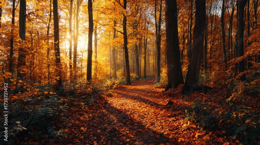 Obraz premium Autumn forest with colorful fall leaves and amber sunlight