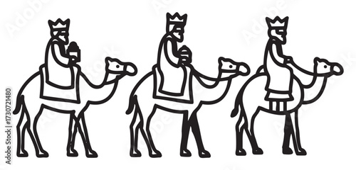 Three wise men on camels journeying with gifts - stock vector