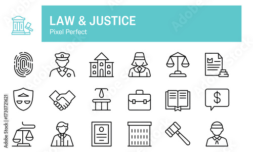 Set of 20 Thin Line Law and Justice Icons with Turquoise Header