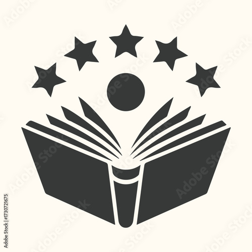 Vector art of open book with five stars above and a circle in the center, symbolizing knowledge, achievement, and excellence in education or learning