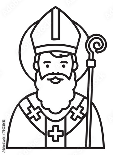 Iconic saint nicholas illustration line art with bishop attire and staff - stock vector