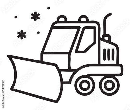 Snow plow truck icon with snowflakes in black and white line art - stock vector