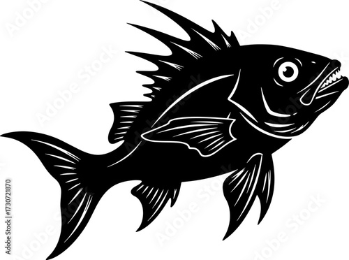 Dramatic silhouette of a spiky fish with detailed fins and expressive eyes captured in black