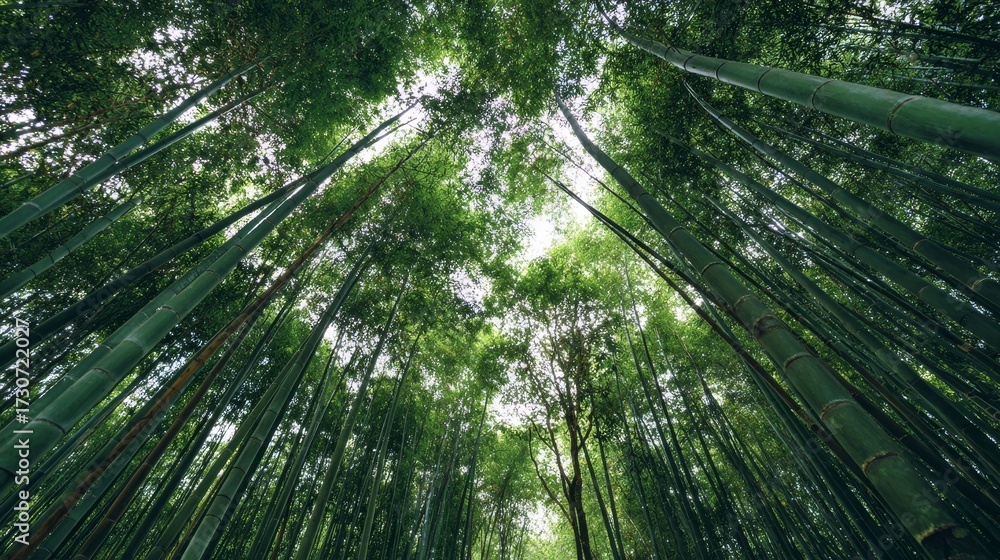 Naklejka premium Bamboo forest grove with tall green stalks