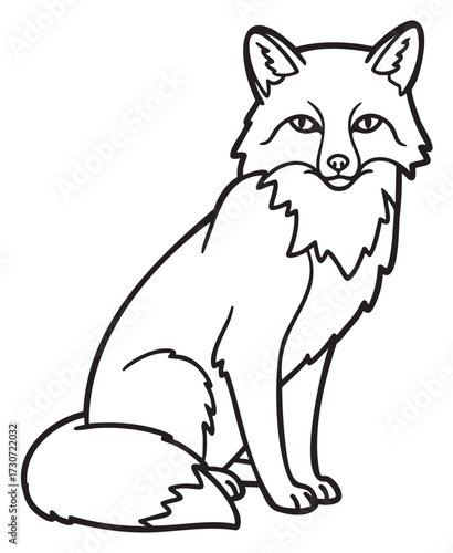 Black and white fox illustration sitting calmly with detailed outline - stock vector