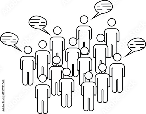 Group discussion icon showing people standing in line with speech bubbles representing teamwork, debate, communication with transparent background