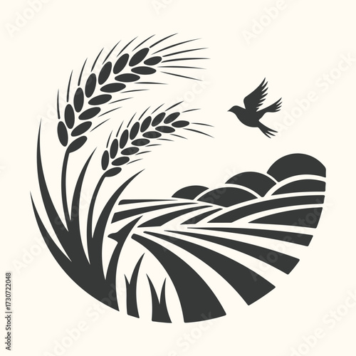 Vector art of stylized silhouette of wheat fields and a bird in flight, representing agriculture, nature, and harvest, set against a subtle, textured background