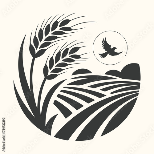 Vector art of stylized black and white circular illustration depicting a bountiful wheat field under a rising sun with a bird in flight, symbolizing agriculture, nature, and harvest