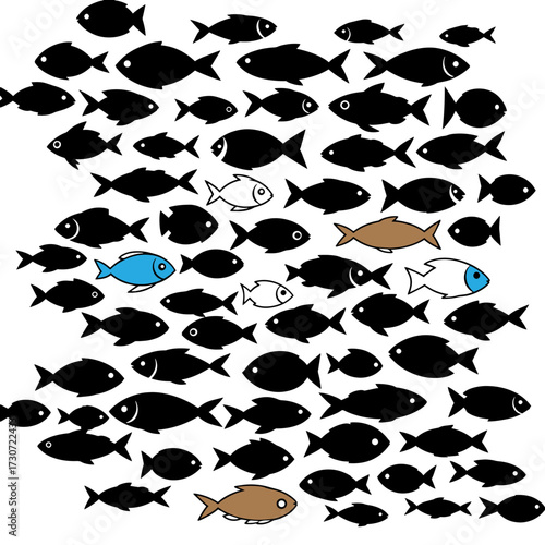 School of silhouetted fish with unique colorful individuals swimming together underwater