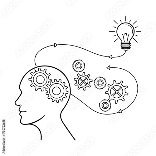 Head with gears and light bulb representing thinking process