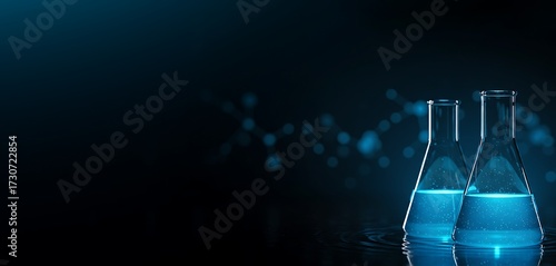 Scientific research flasks with glowing blue liquid and molecular background