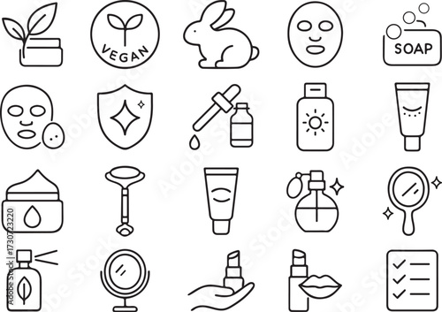 Cosmetic and Skincare Line Icon Set Organic, Vegan, Cruelty Free, Anti-Aging, Natural Beauty, Editable Stroke Vector Illustration