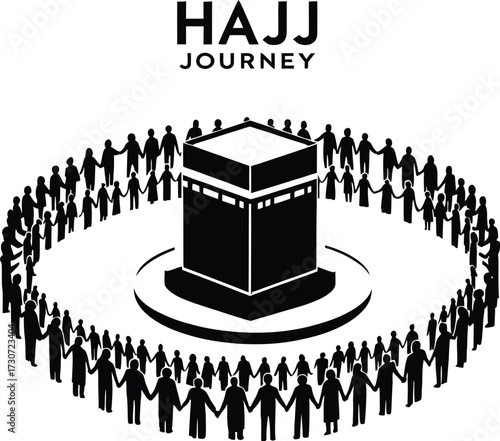 Hajj Journey Vector Featuring Kaaba Surrounded by Circle of People Holding Hands in Black and White Line Art Style