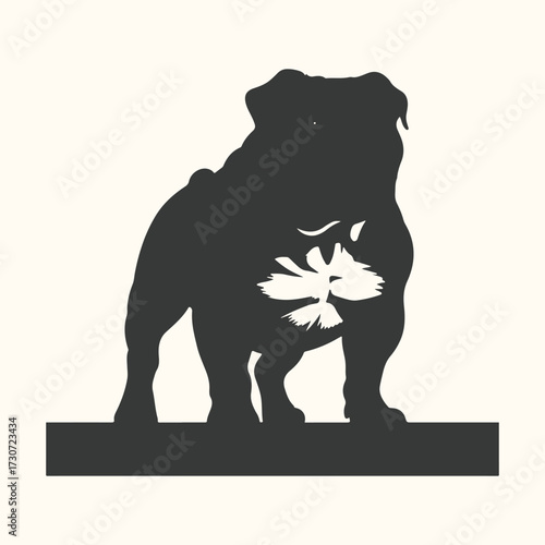 Vector art of silhouette of a bulldog standing on a platform, isolated on a light cream background, showcasing its muscular build and distinctive facial features in a dark, graphic style
