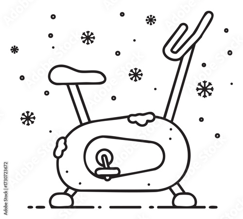 Winter-ready stationary bike with snowflakes for indoor cycling motivation - stock vector