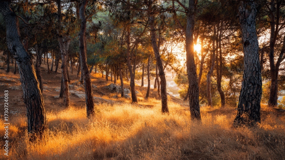 Fototapeta premium Mediterranean pine forest with dry golden grass at sunset