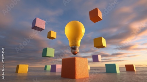 A vibrant abstract composition featuring colorful blocks and a glowing light bulb symbolizing inspiration and innovative