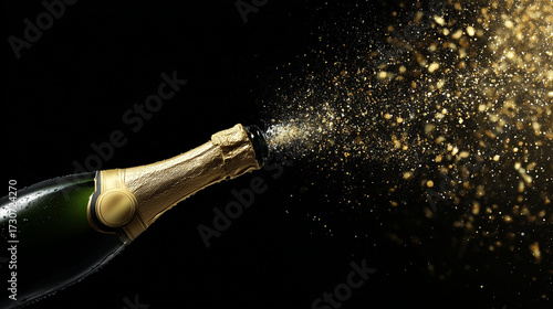Champagne bottle bursting with sparkling wine against black background  
