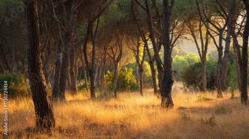 Mediterranean pine forest with dry golden grass at sunset