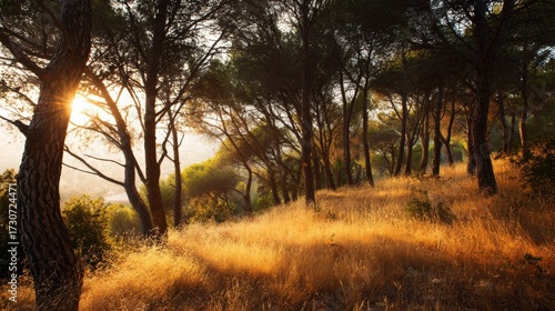 Mediterranean pine forest with dry golden grass at sunset
