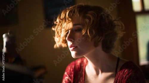 A young woman with short, curly hair sits indoors, looking down at a screen in warm, dim light.