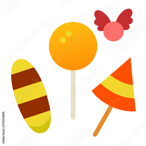 Colorful set of candy corn lollipops and gummy worms vector illustration
