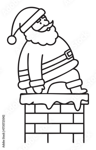 Santa stuck in chimney outline drawing for christmas coloring activity - stock vector