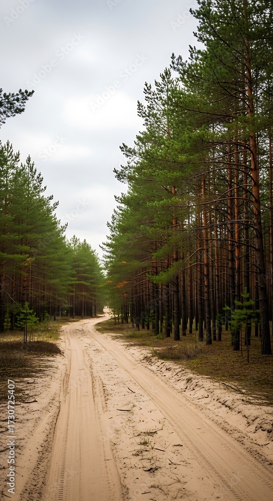 Obraz premium Forest Road Through Pine Trees.