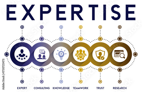 Expertise vector infographic banner. Concept of professional skill with icons for knowledge, consulting, teamwork, and trust. Modern flat illustration for business and corporate presentations