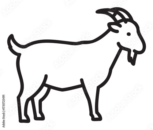 Outline of a standing goat with horns and beard in simple black line art - stock vector
