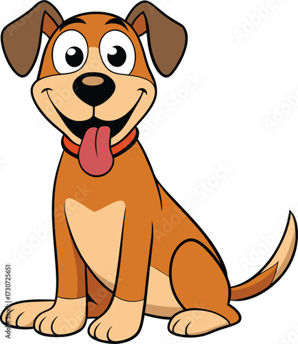 Cartoon flat vector illustration of a happy dog sitting with tongue out and wagging tail, cute playful pet mascot isolated on white background