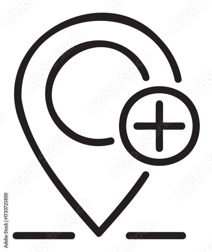 Pin location add icon with plus sign for maps and positioning - stock vector