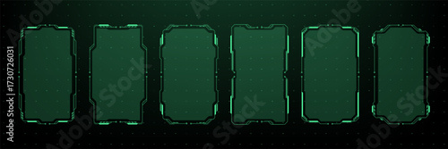 Green futuristic hud vector graphics frame set. Digital game interface menu element for sci fi or virtual reality design. Display template.
