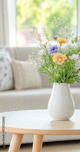 Wallpaper Mural A beautiful floral arrangement in a vase on a wooden table in a bright living room Torontodigital.ca