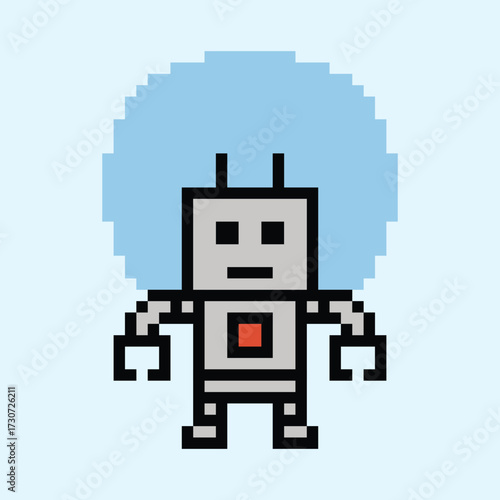 Cute pixel art cartoon robot or ai learning skill with for education calculate chat bot robots vector character technology background 8 bit.