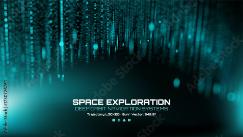 Digital data grid with glowing particles. Futuristic deep orbit navigation system. Space exploration and technology concept.