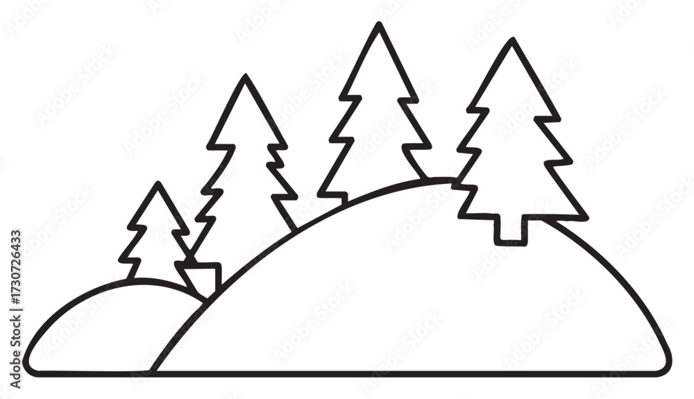 Fototapeta premium Minimalist evergreen trees line art on rolling hills - stock vector