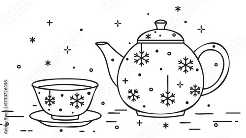 Line art of teapot and teacup with snowflake pattern - stock vector
