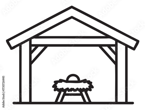 Simple nativity scene with manger and stable outline illustration - stock vector