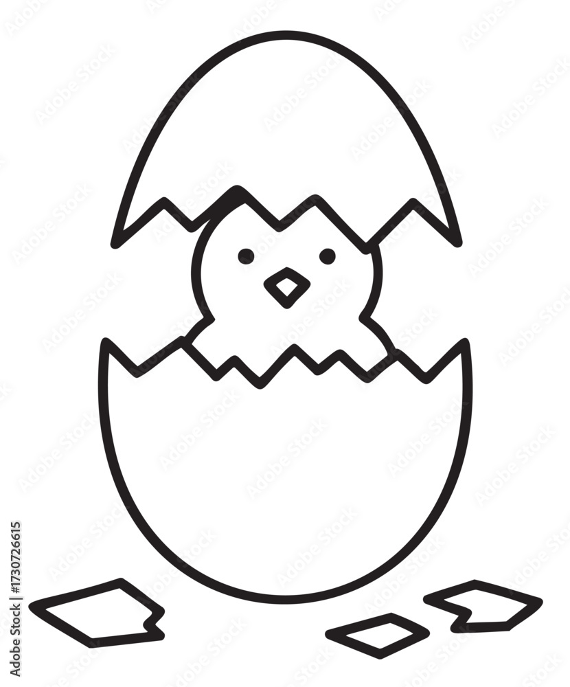 Obraz premium Cute chick emerging from cracked egg in simple black and white line art - stock vector