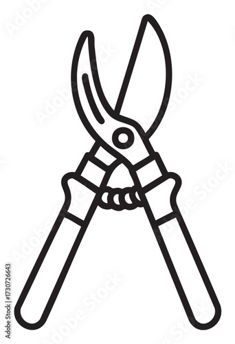 Black and white illustration of garden pruning shears with sharp blades - stock vector