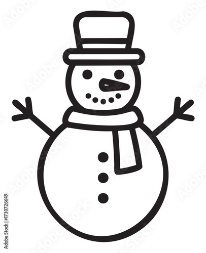 Simple snowman outline with top hat and scarf for winter coloring activity - stock vector