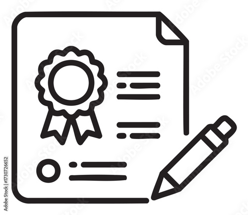 Certificate with award badge and pen icon representing achievement and education - stock vector