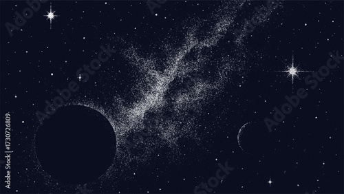 Abstract space background with planets and stars. Night sky universe scene with galaxy nebula. Stellar cosmic wallpaper for science theme.