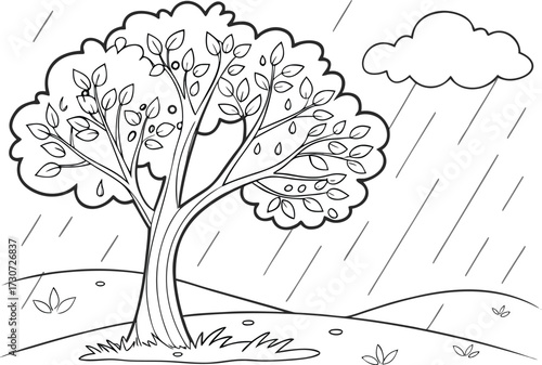 Simple Line Drawing of a Tree and Rain on a Hilly Landscape