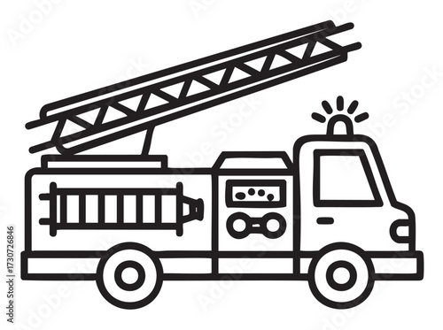 Fire truck with ladder line drawing - emergency vehicle in black and white - stock vector